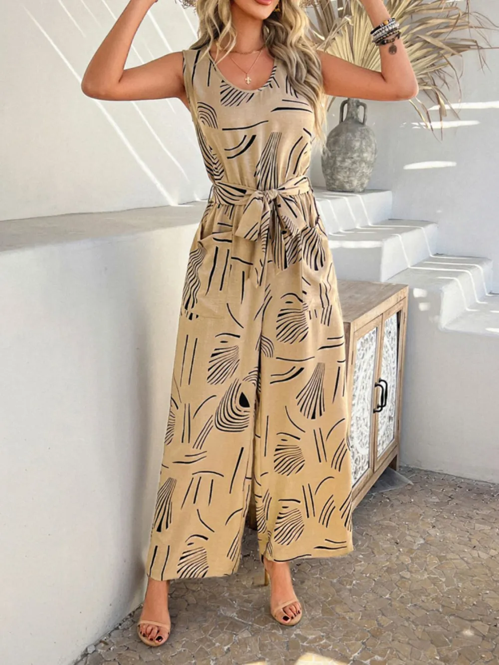 Devine Round Neck Sleeveless Tie Waist Jumpsuit