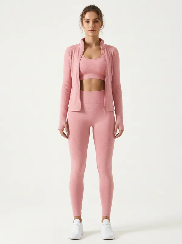 Training Ribbed Texture Seamless Design Fit Women's Three Piece Activewear Set