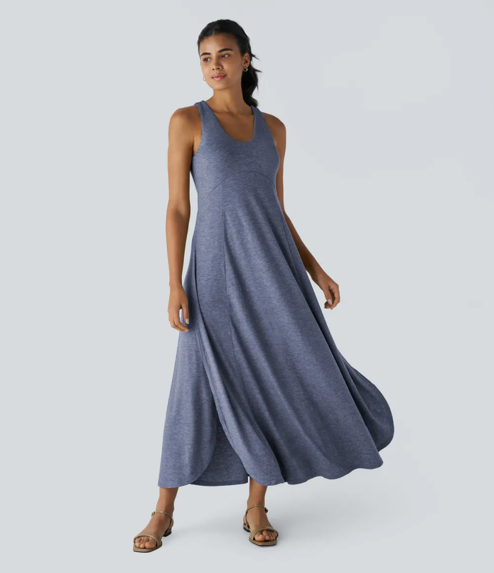U Neck Backless Split Flowy Maxi Casual Tank Dress