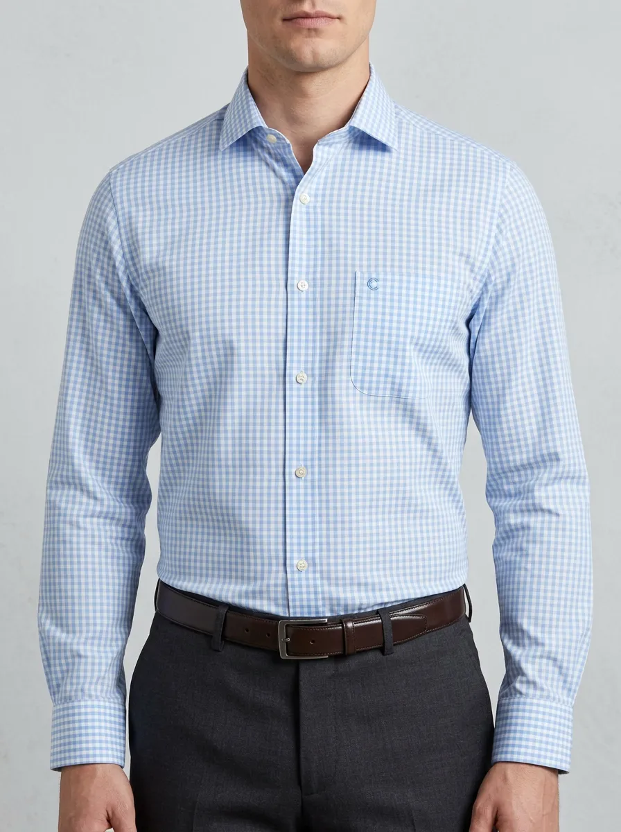 Men's Business Casual Light Blue Gingham Non-Iron Cotton Shirt
