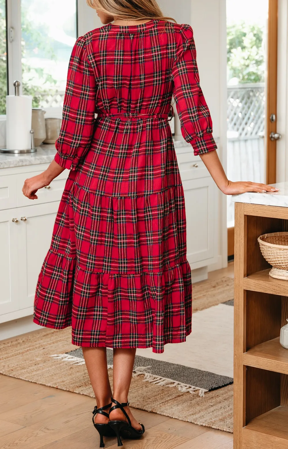 Christmas Plaid V Neck Sleeve Tie Waist Ruffle Hem Long Dress
