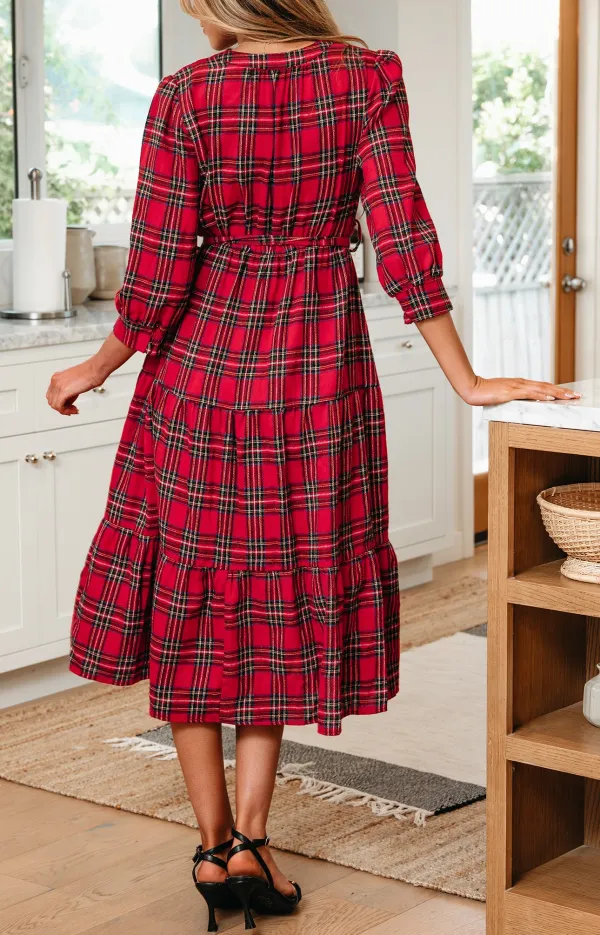 Christmas Plaid V Neck Sleeve Tie Waist Ruffle Hem Long Dress
