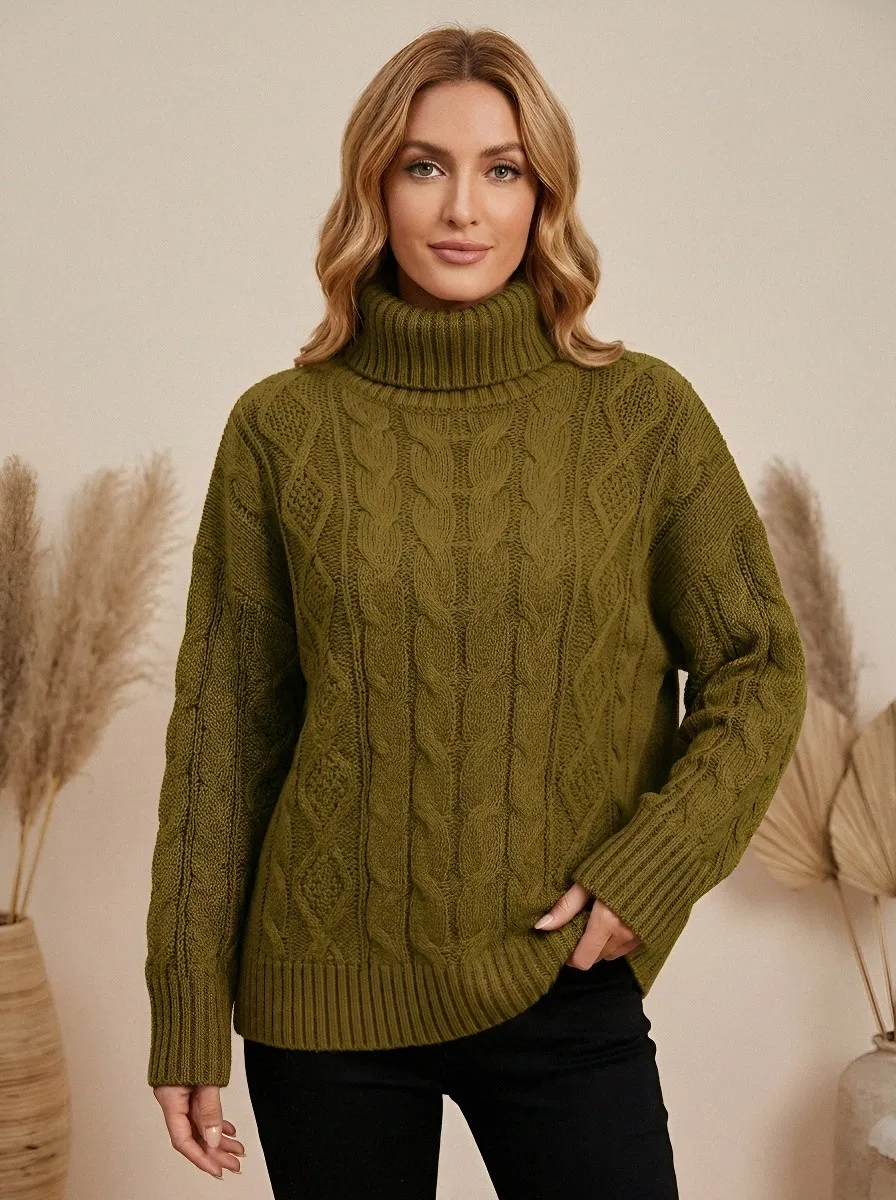 Women's Winter Casual Brown Cable Knit Turtleneck Sweater
