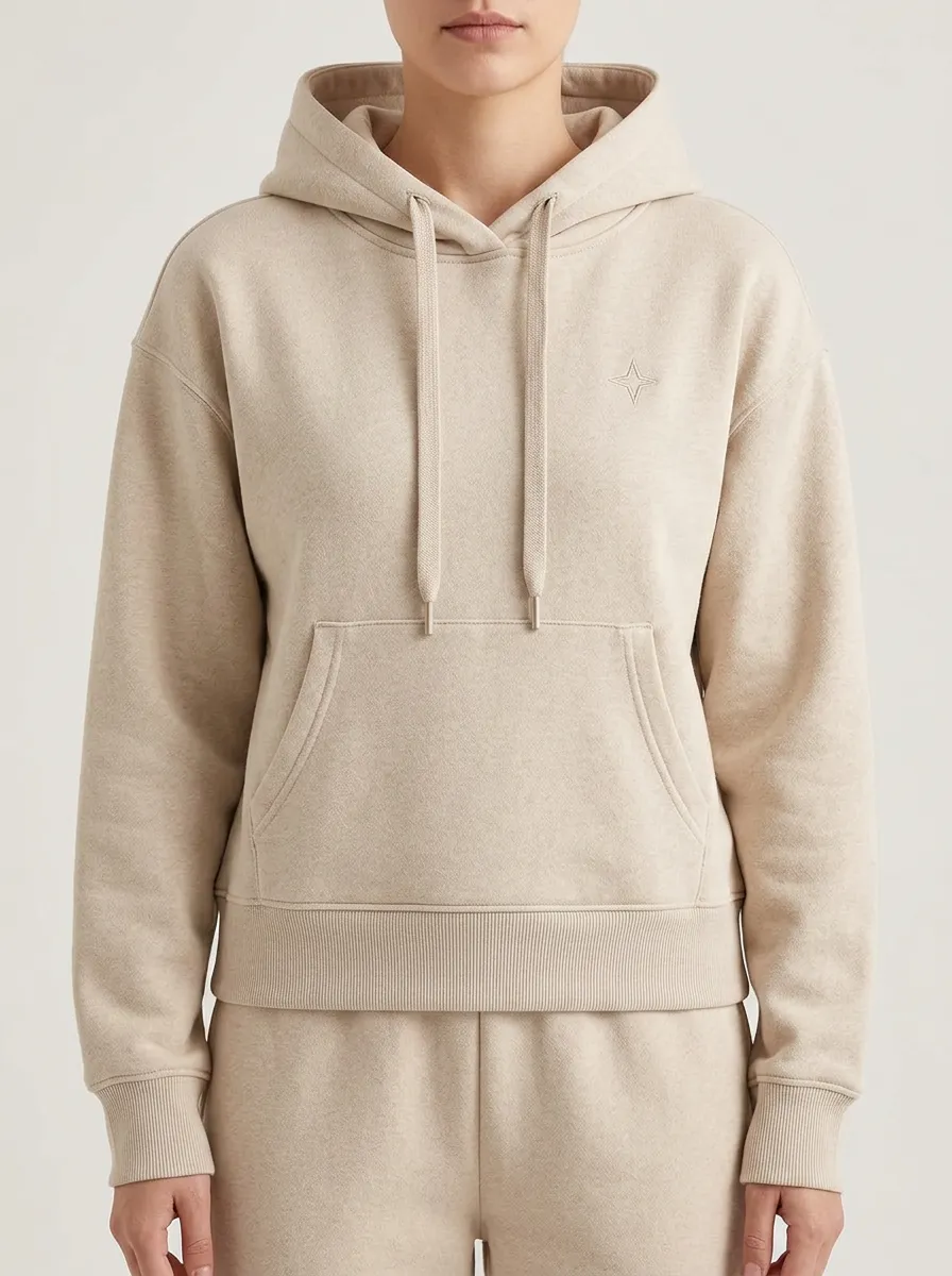 Unisex Minimalist Star Embroidered Beige Printed Hoodie