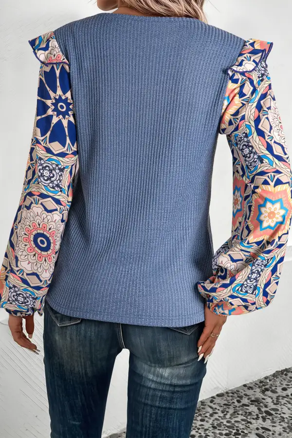 Blue Ruffled Floral Sleeve Patchwork Waffle Knit O Neck Blouse