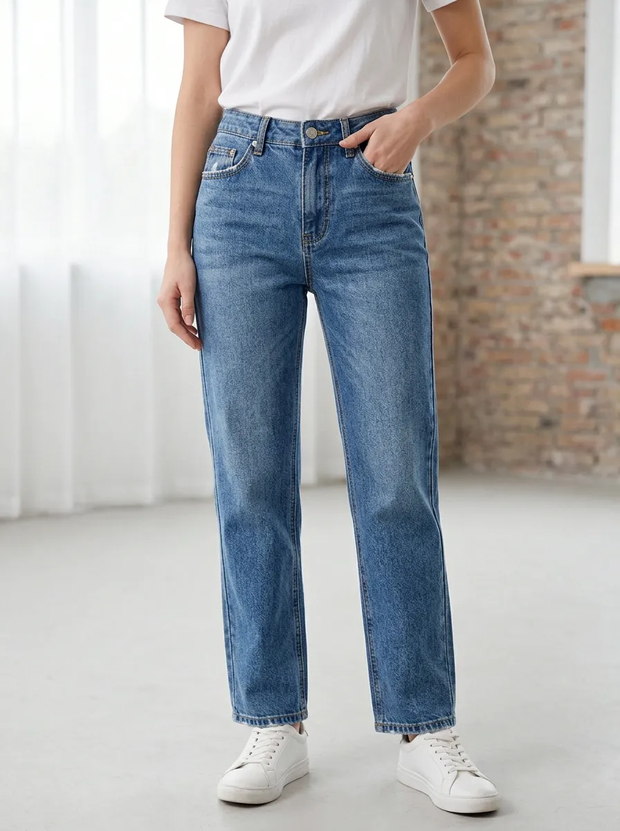 Women's High Waisted Blue Denim Straight Leg Jeans