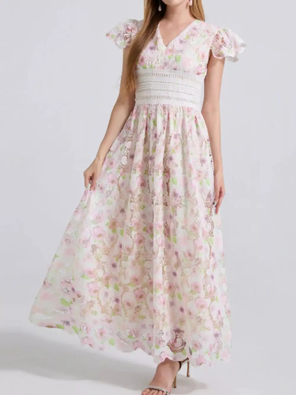 Printed V Neck Ruffle Midi Dress