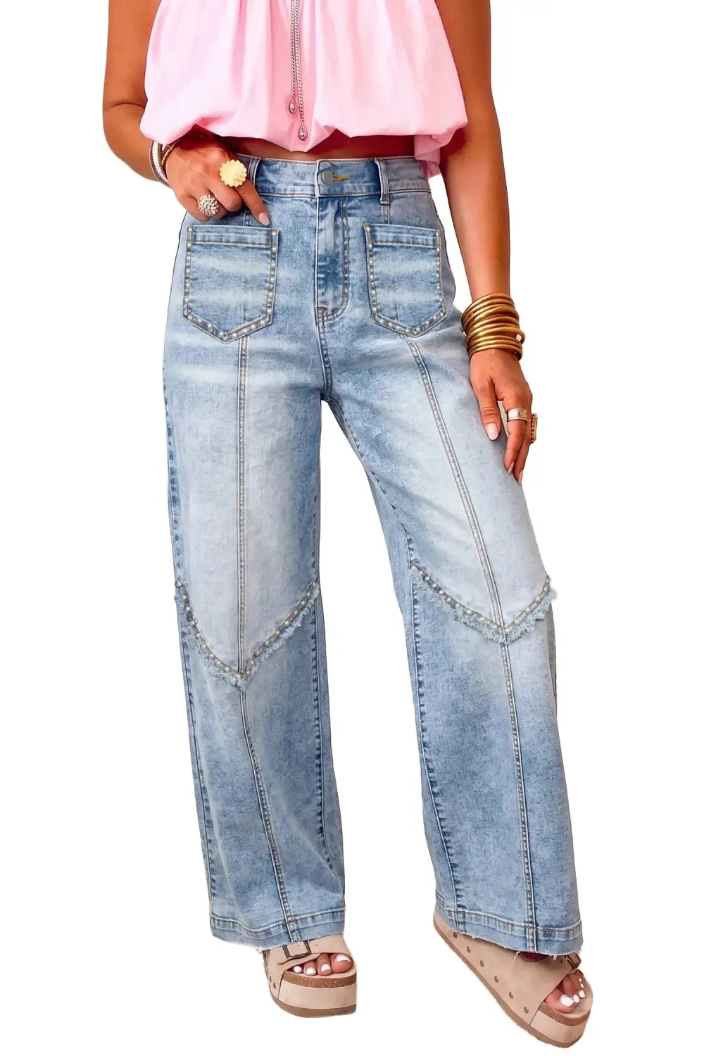 Women's Frayed Studded Detail Wide Leg Pocketed Jeans