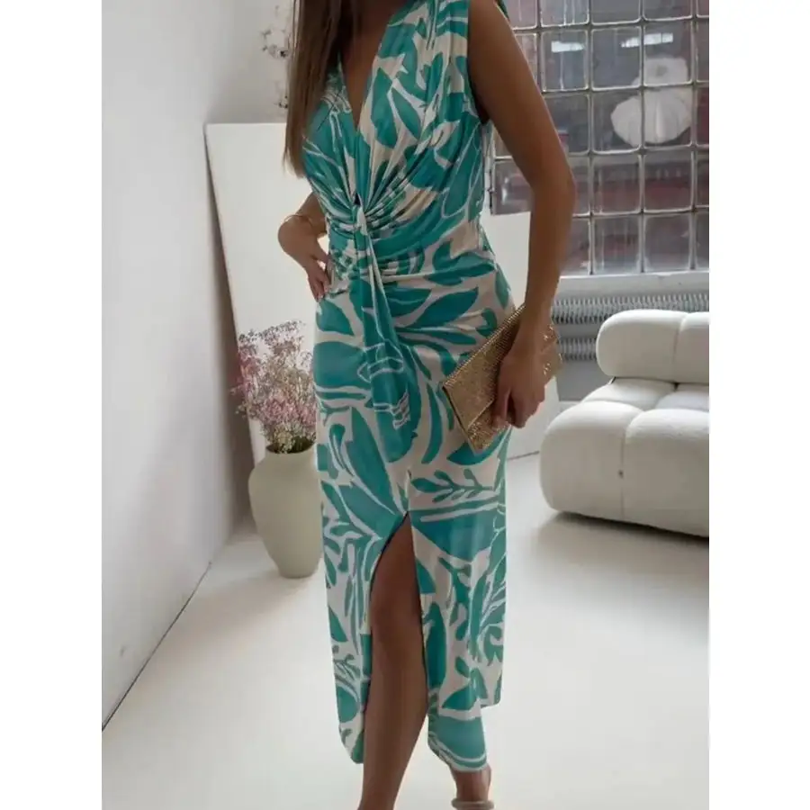 Full Size Slit Printed V-neck Midi Dress Plus Size