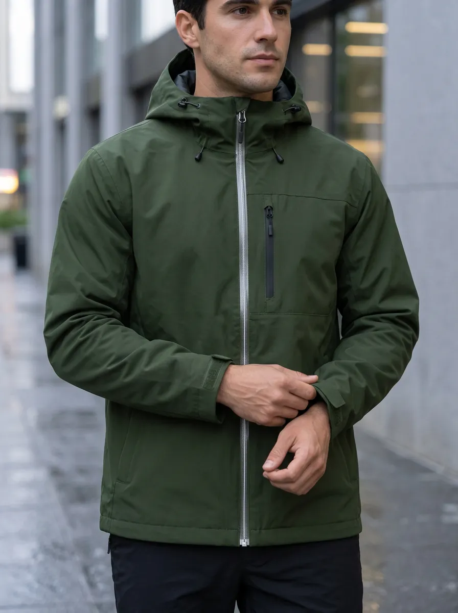 Men's Olive Green Waterproof Hooded Jacket with a Hood and a Zip Front