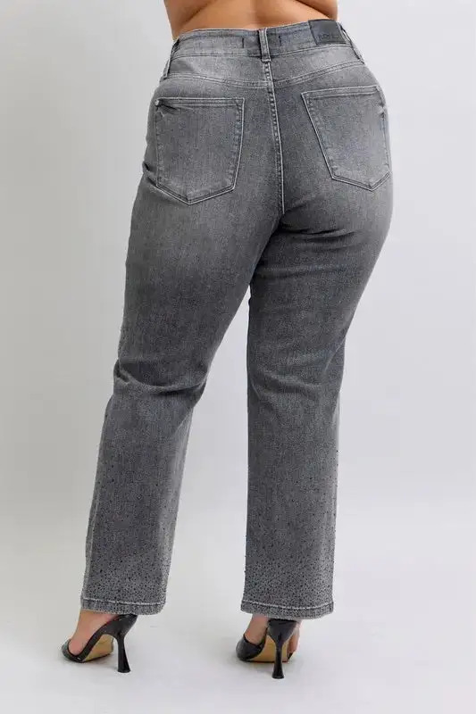 High Waist Rhinestone Straight Plus Denim Jeans
