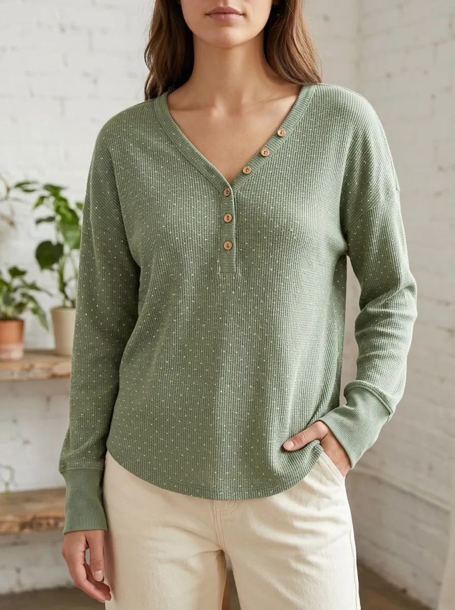 Women's Sage Green Polka Dot Waffle Knit Button Henley Top