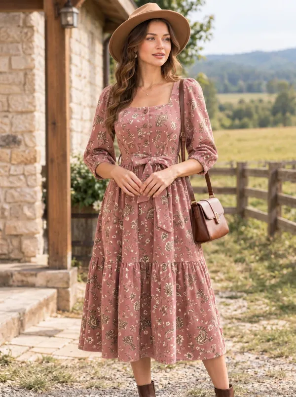 Women's Burgundy Vintage Floral Paisley Burgundy Corduroy High-Waist 3/4 Sleeve Midi Dress