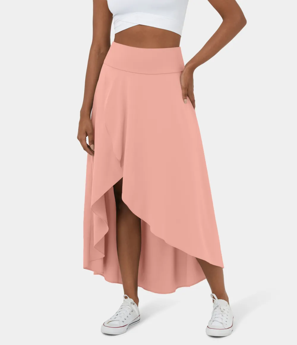 Breezeful High Waisted High Low Ruffle 2-in-1 Flowy Quick Dry Casual Regular Maxi Skirt