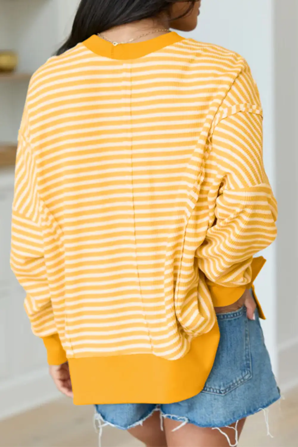 Striped Waffle Knit Stretch Fabric Long Sleeve Top