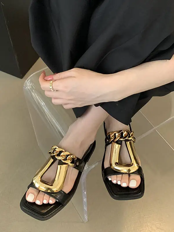 Chain Open-Toe Panel Detail Square Heeled Sandals