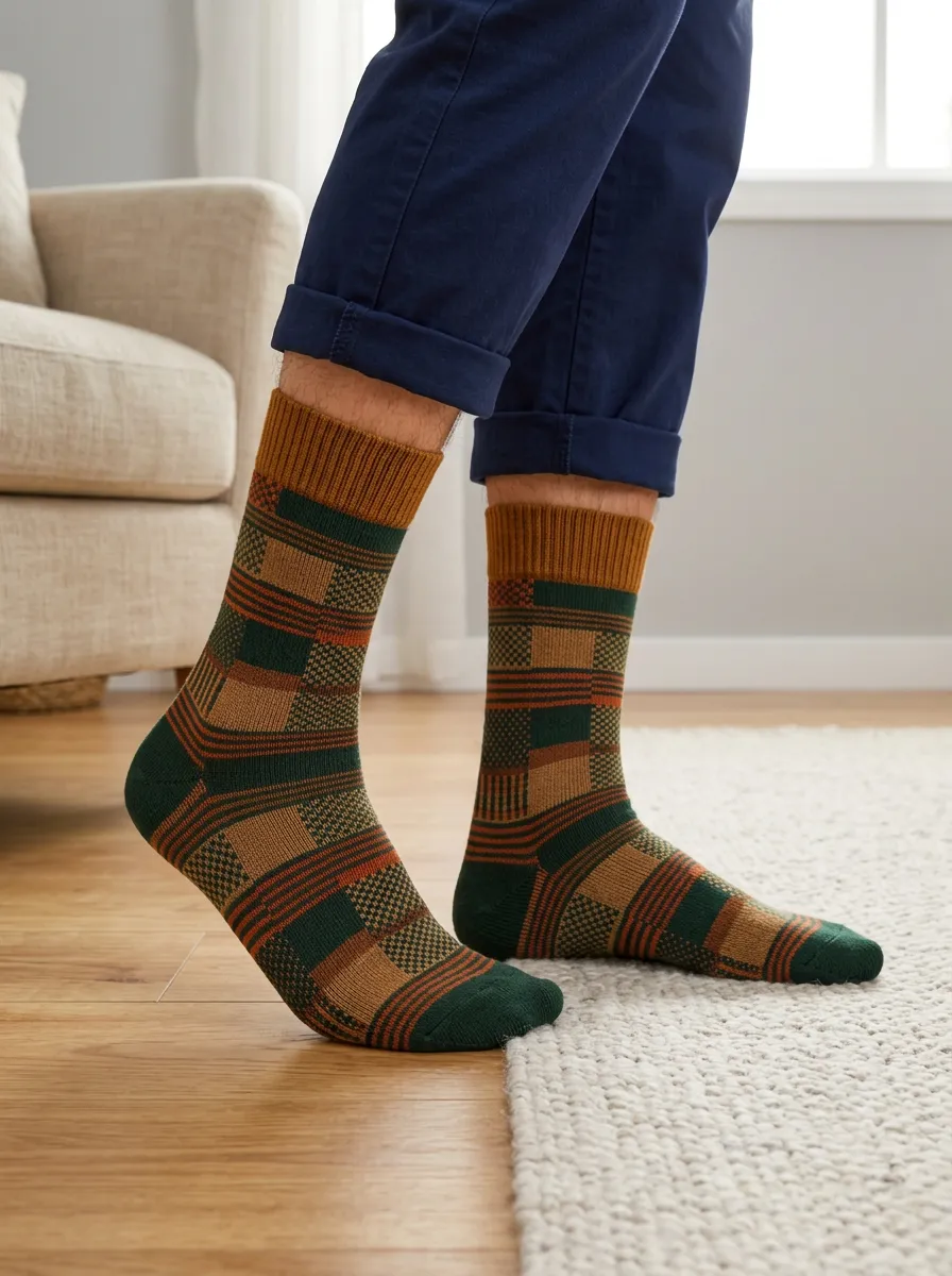 Men's Vintage Style Green Brown Plaid Pattern Printed Socks