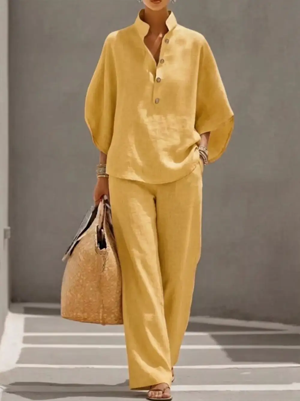 Full Size Button Detail Sleeve Top and Pants Set Plus Size
