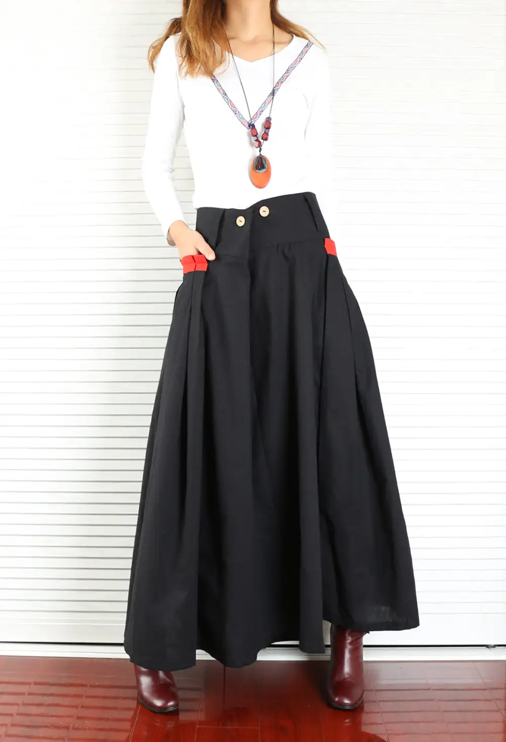 Pleated Linen A Line Maxi Skirt