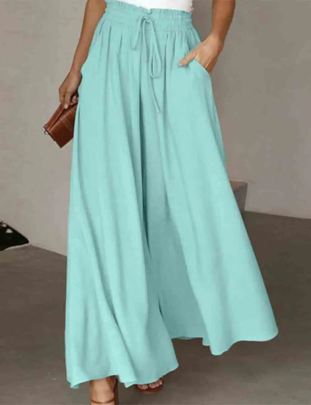 Elastic Waist Tie Wide Leg Pants