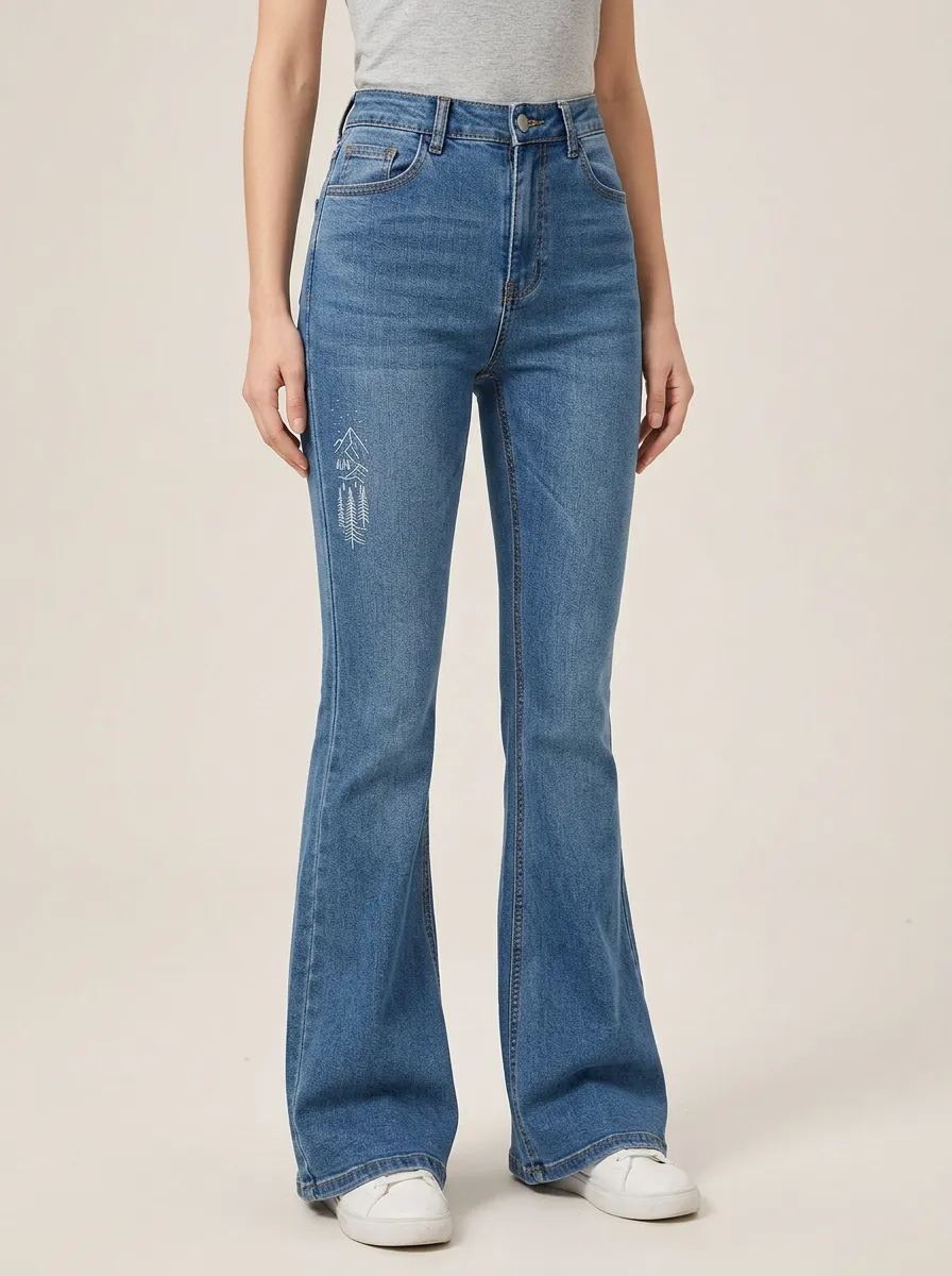 Women's Mountain Forest Embroidered Contrast-Stitch High-Rise Flare Jeans
