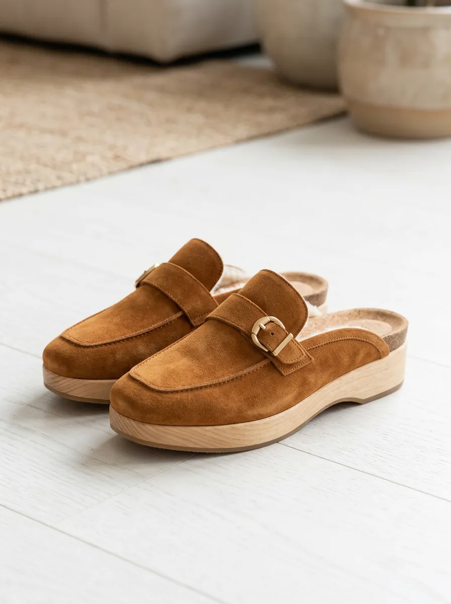 Women's Buckle Detail Platform Casual Suede Wood Sole Loafers