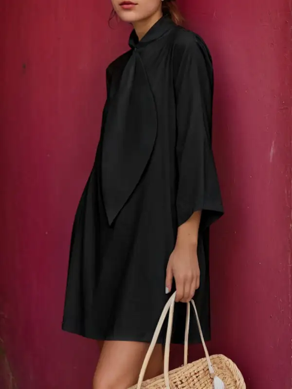 Solid Color Relaxed Three Quarter Sleeve Stand Collar Shirt Dress Mini