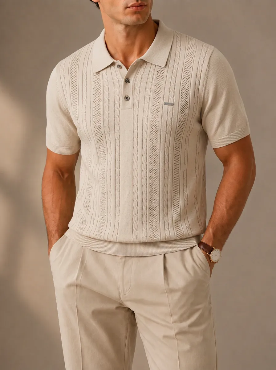 Men's Cable-Knit Short Sleeve Polo Shirt with Pointelle Detail