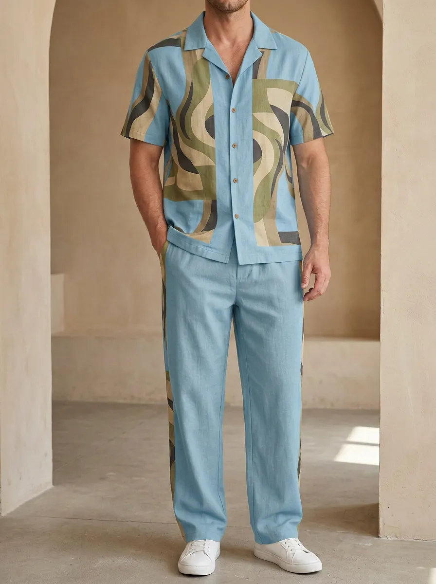 Men's Retro Abstract Wave Printed Casual Set