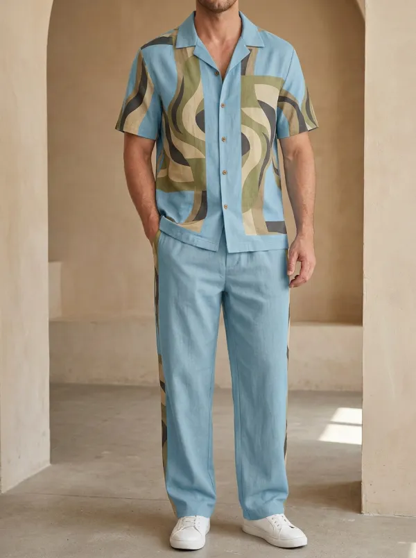 Men's Retro Abstract Wave Printed Casual Set