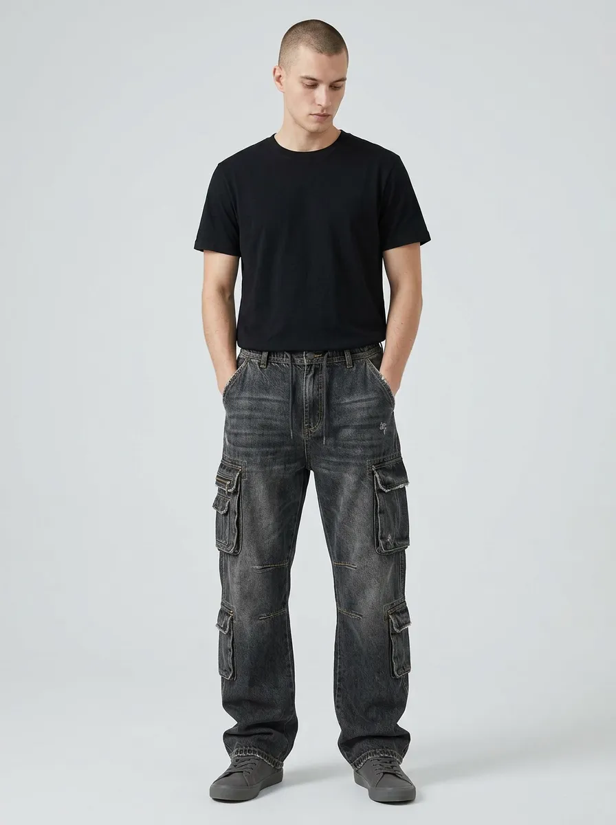 Men's Washed Black Cargo Pants
