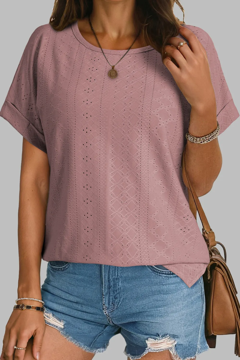 Rose Tan Eyelet Jacquard Cuffed Top
