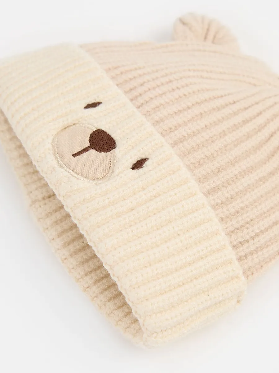 Beige Bear Knitted Hat and Mittens