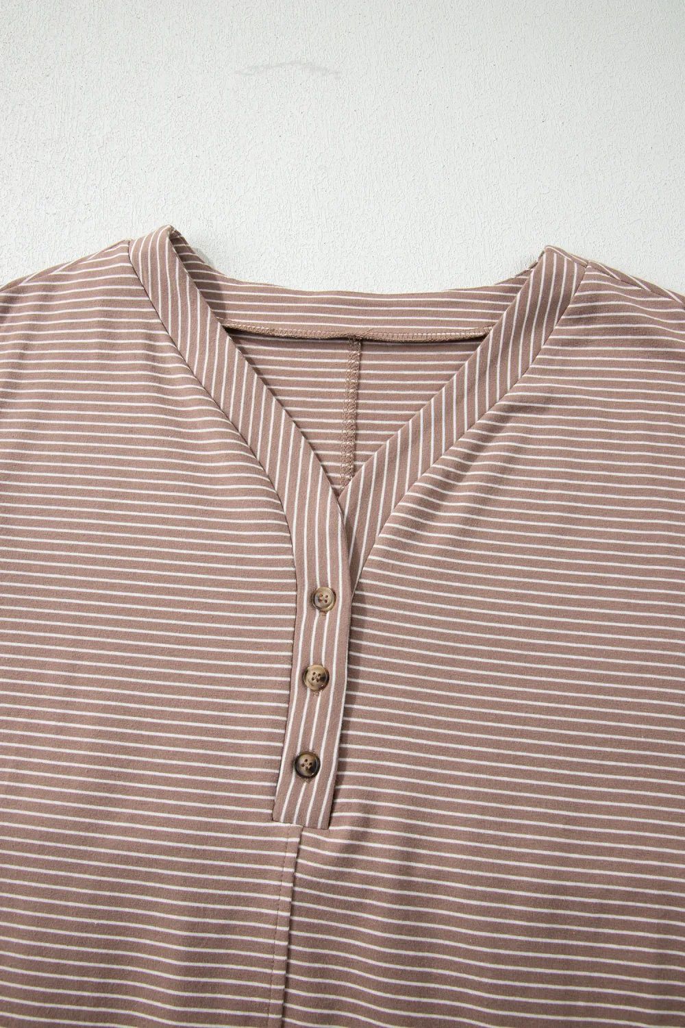Khaki Stripe Buttoned V Neck Tee