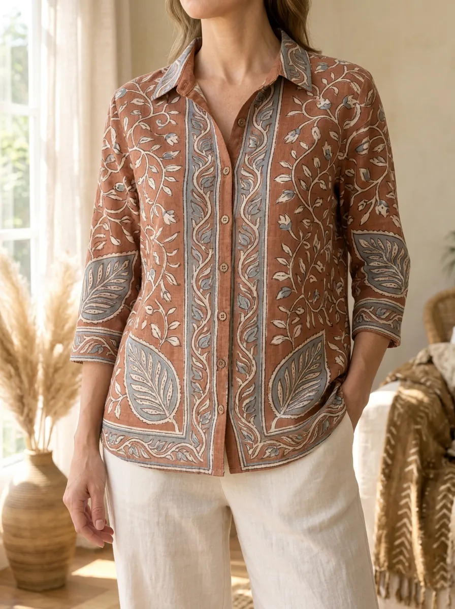 Women's Bohemian Floral Leaf Pattern Printed Shirt