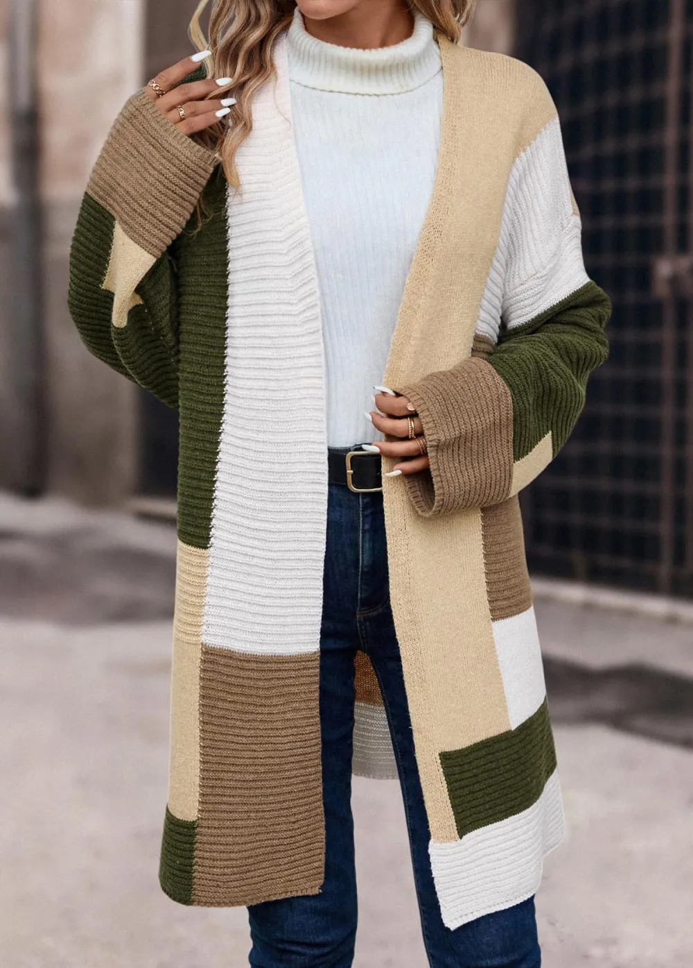 Multi Color Patchwork Long Sleeve V Neck Coat