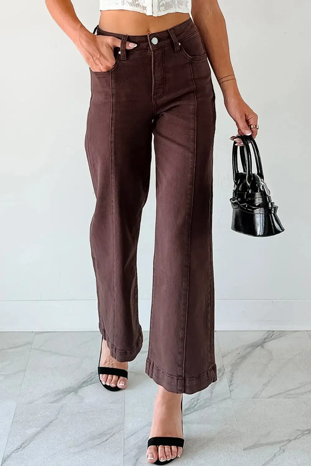 Wide Leg Cropped Seam Detail Casual Jeans