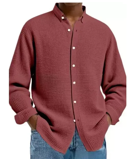 Men's Solid Color Waffle Knit Fashion Casual Long Sleeve Shirt Cardigan