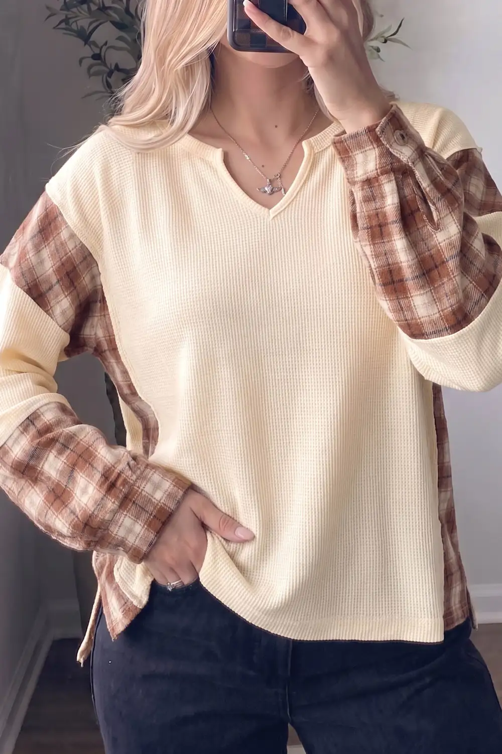 Plaid V Neck Waffle Knit Relaxed Cotton Blend Long Sleeve Top