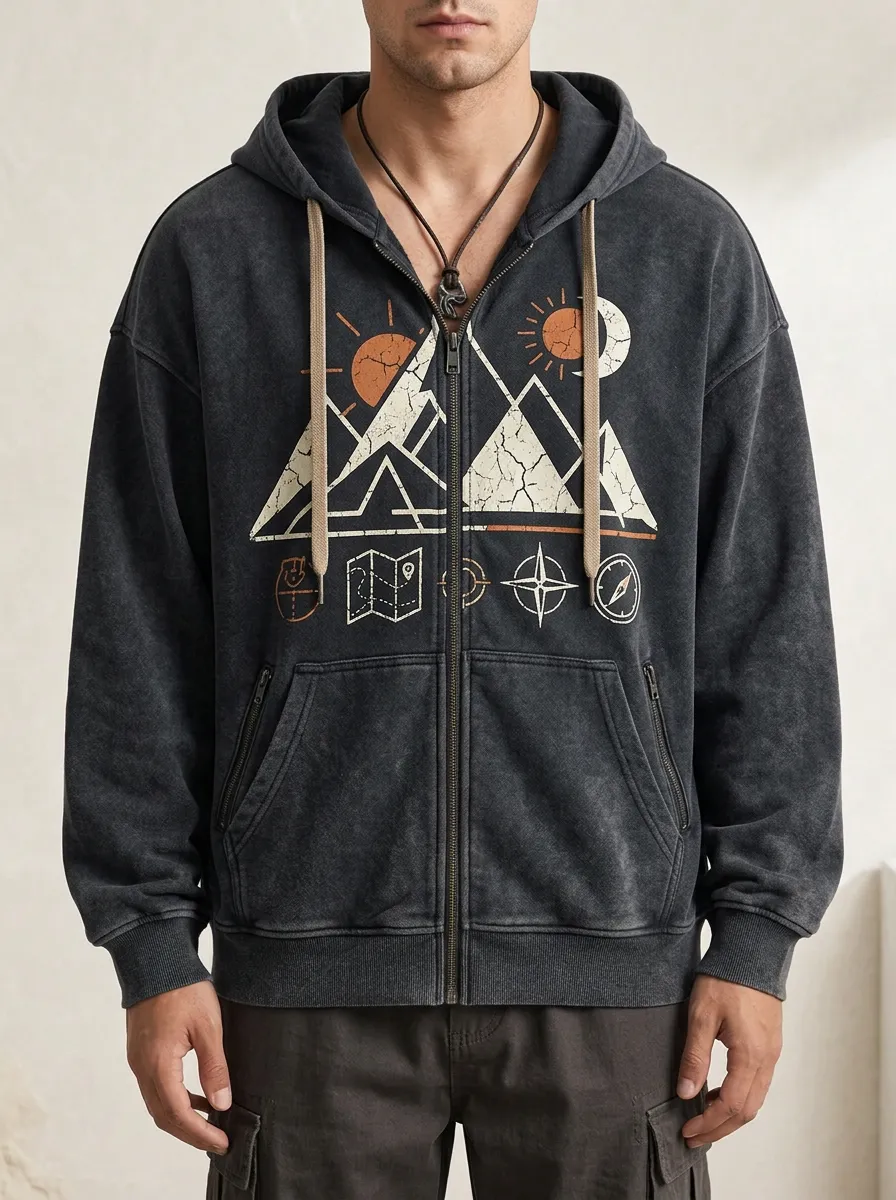 Men's Outdoor Adventure Mountain Sun Moon Map Printed Zip Hoodie