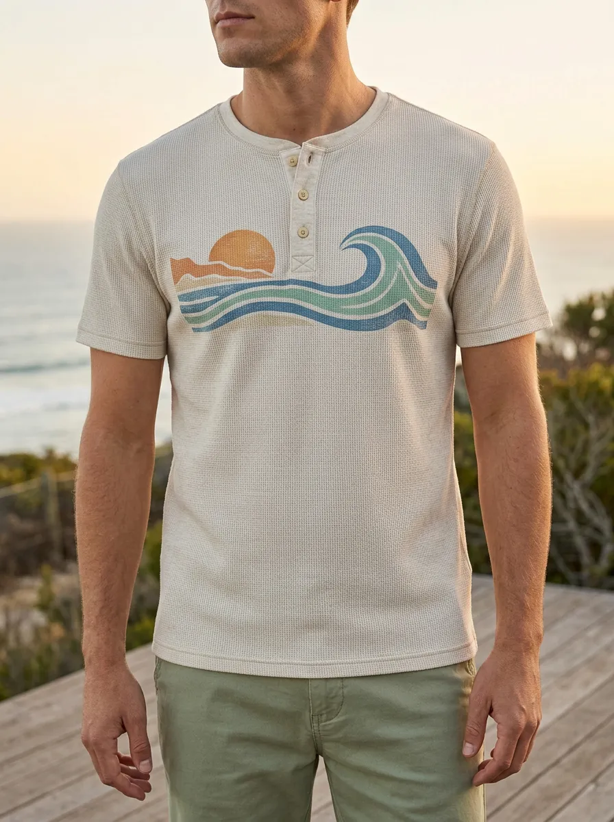 Men's Classic Beach Lover Sunset Wave Henley T-Shirt