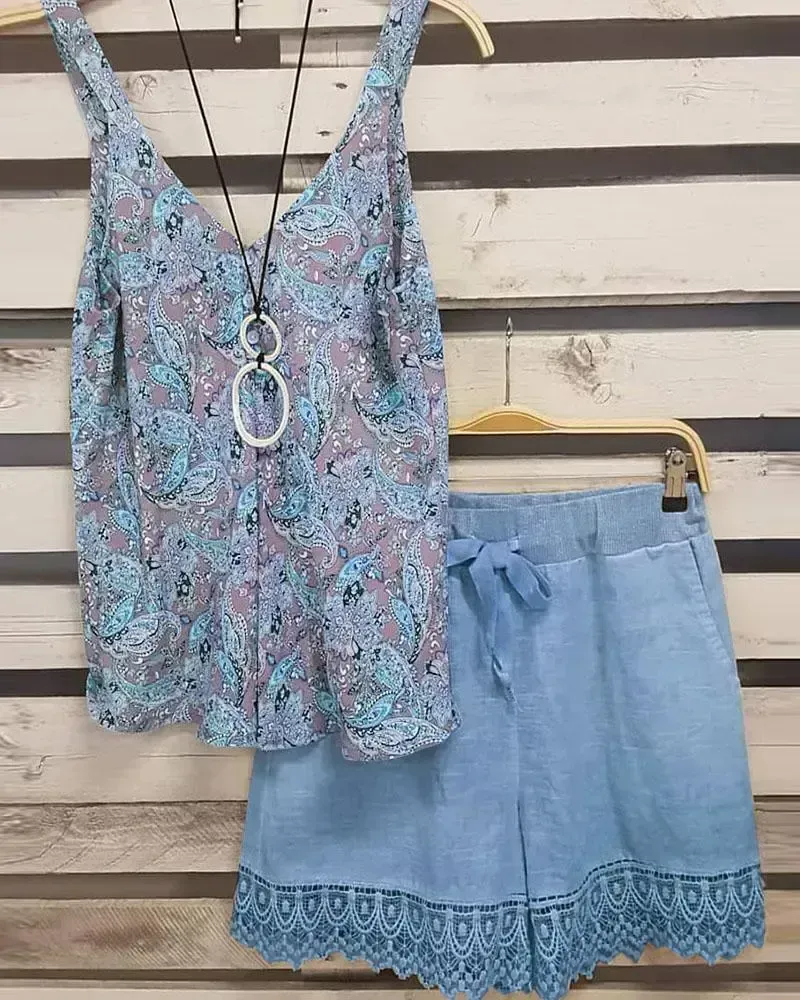 Floral Print V Neck Sleeveless Two Piece Suit