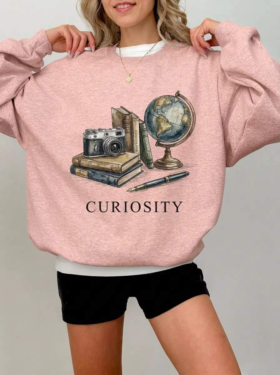 Women's Curiosity Travel Book Globe Camera Graphic Sweatshirt