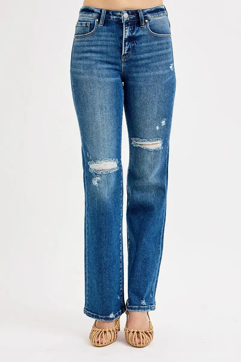 Tummy Control High Rise Straight Distressed Denim Jeans