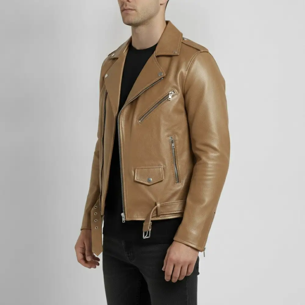 Leather Biker Motorcycle Belted Jacket