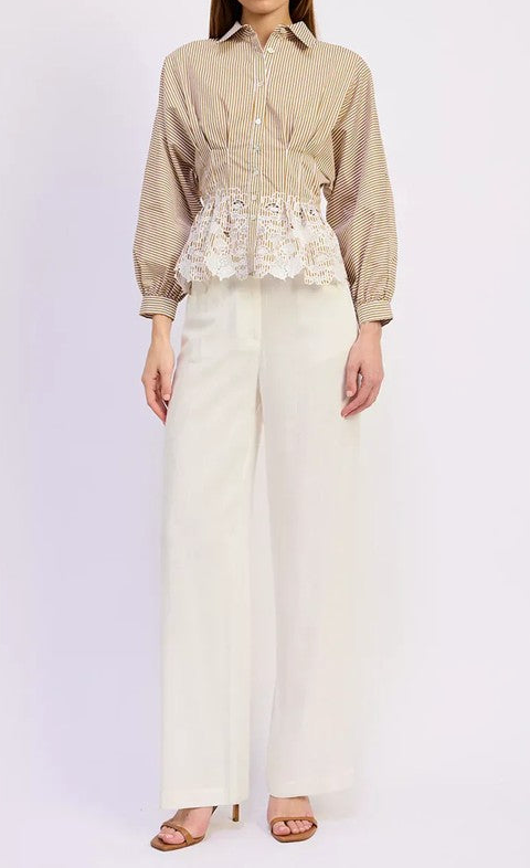 Beige Lace Peplum Blouse Top