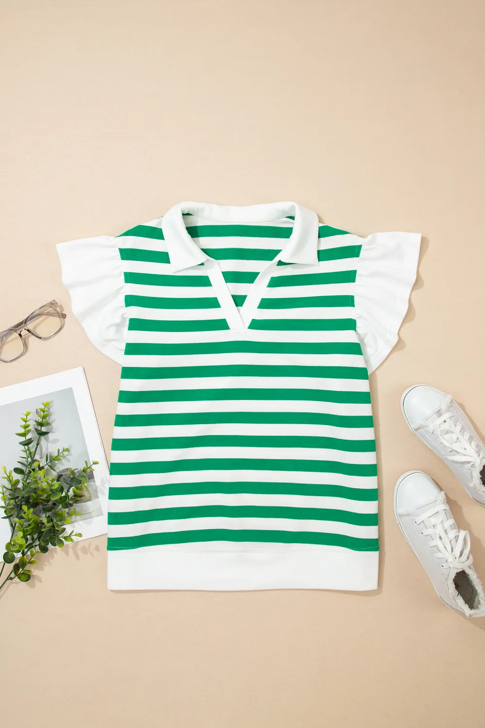 Green Stripe Collar V Neck Blouse