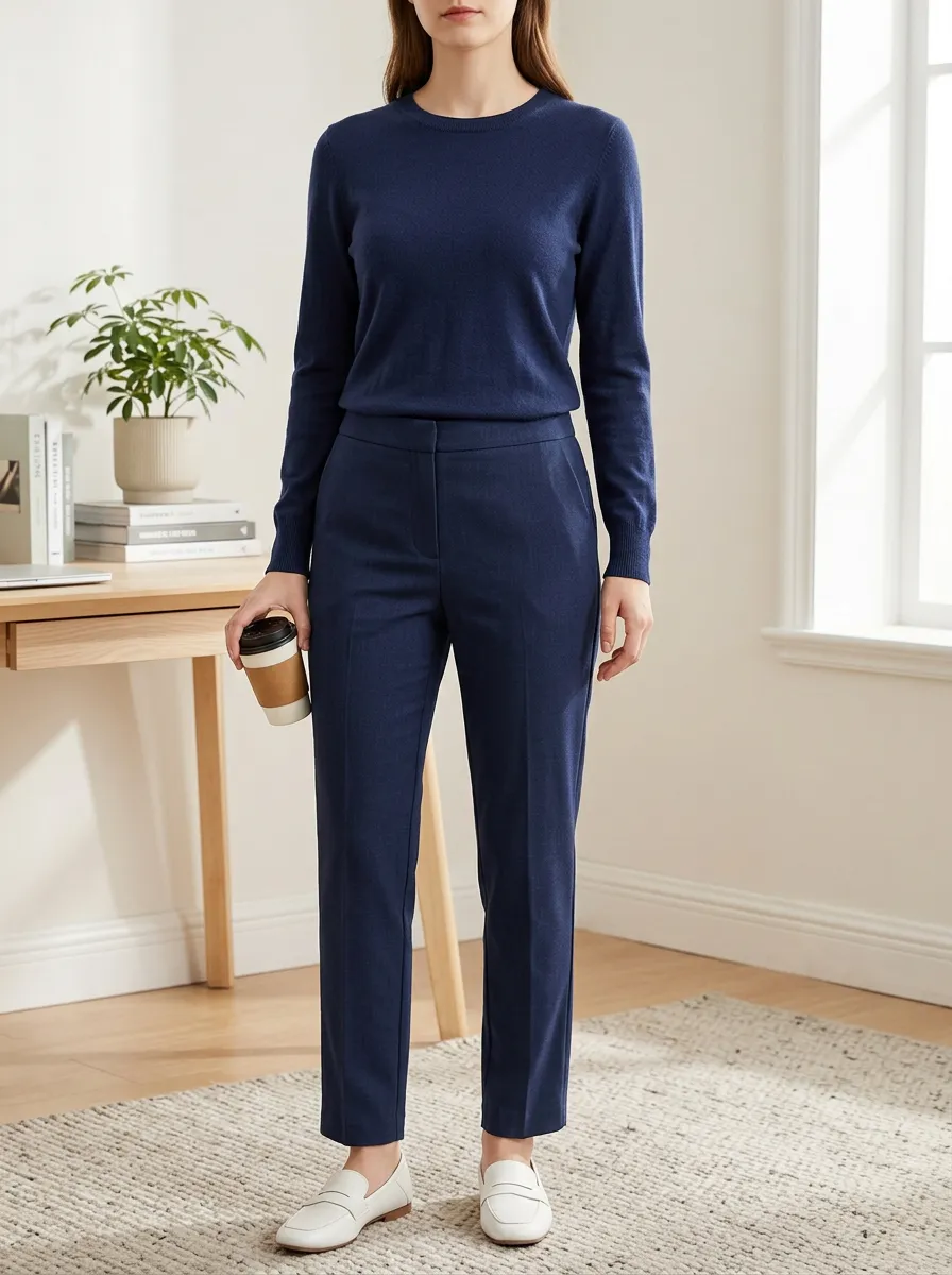 Women's Navy Blue Solid Long Sleeve Knit Top and Trousers Set