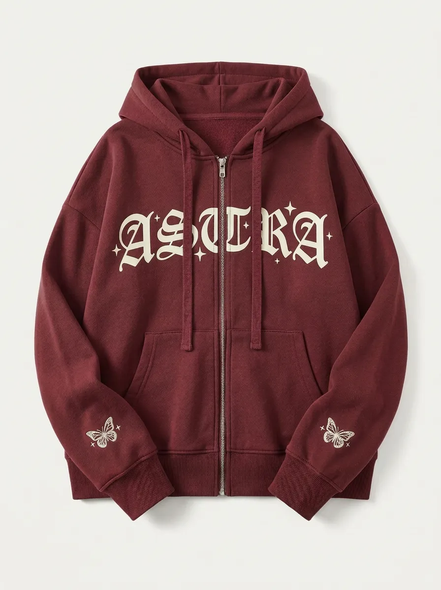 Unisex Streetwear Astra Gothic Letter Butterfly Printed Zip-up Hoodie