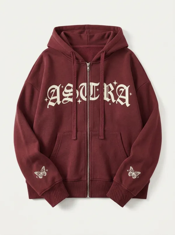 Unisex Streetwear Astra Gothic Letter Butterfly Printed Zip-up Hoodie